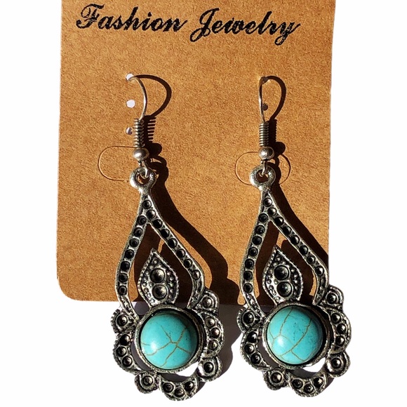 Boho Chic Artisan Turquoise Dangle Earrings - Picture 2 of 5